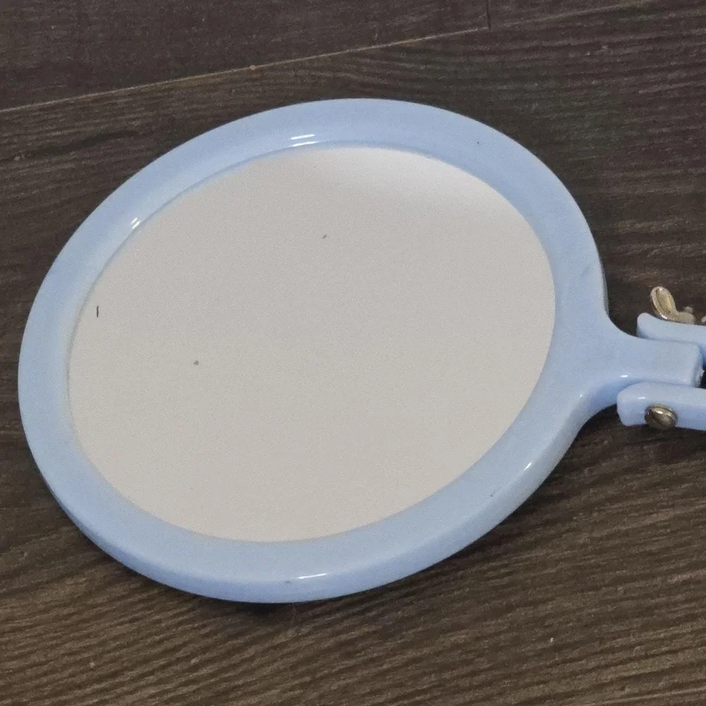 Vintage Light Blue Handheld Mirror Plastic Double-sided Adjustable Made in‎ USA